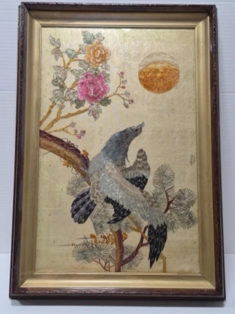 Vintage Chinese Silk Embroidery Bird Floral Wall Art 19x13 Framed